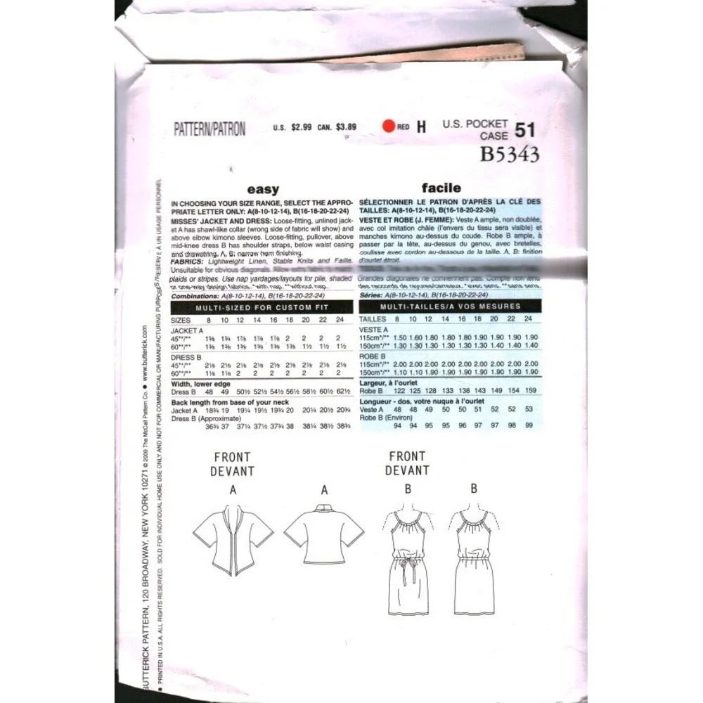Butterick See & Sew B5343 Misses Jacket and Dress Sewing Pattern Size 8 CUT Easy